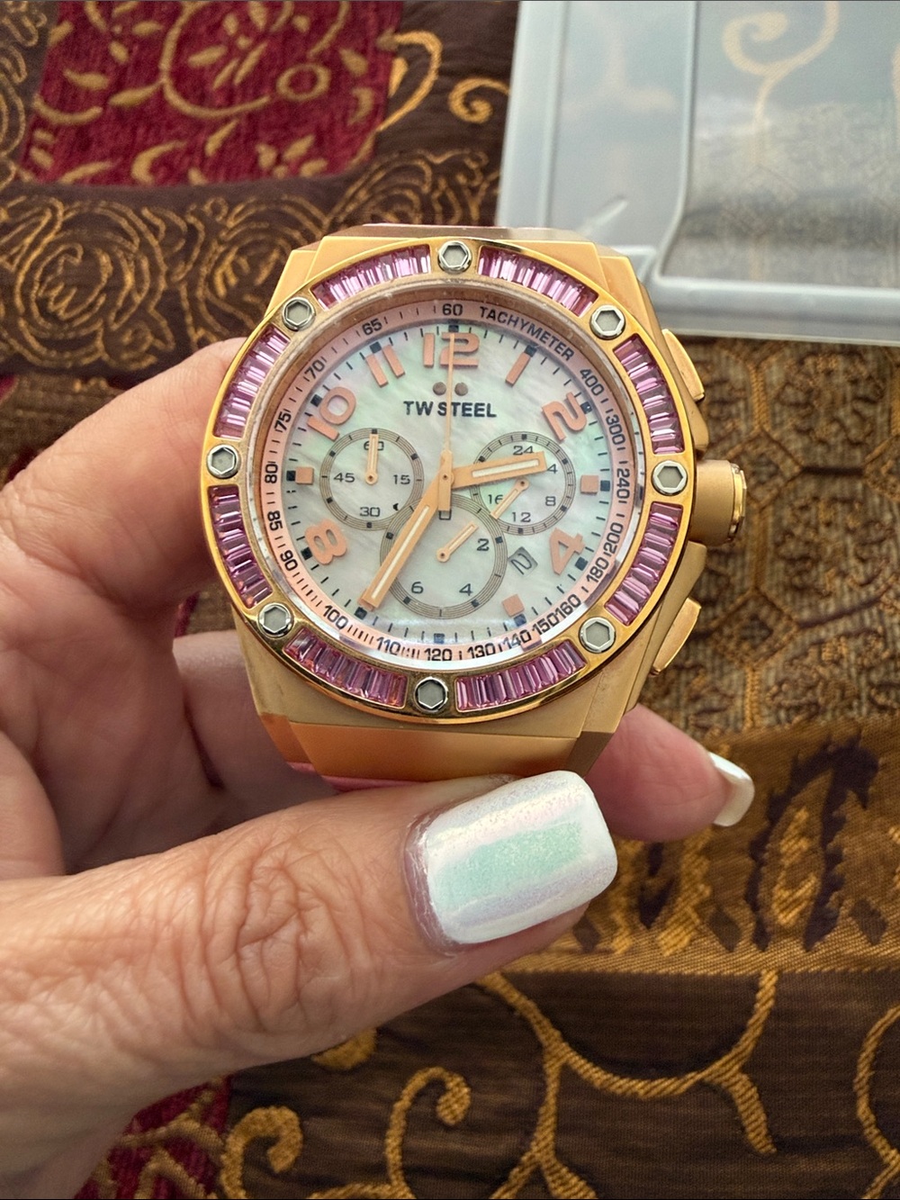 TW Steel Rose Gold Chronograph Watch with Pink Crystal Bezel -Kelly Rowland Edit